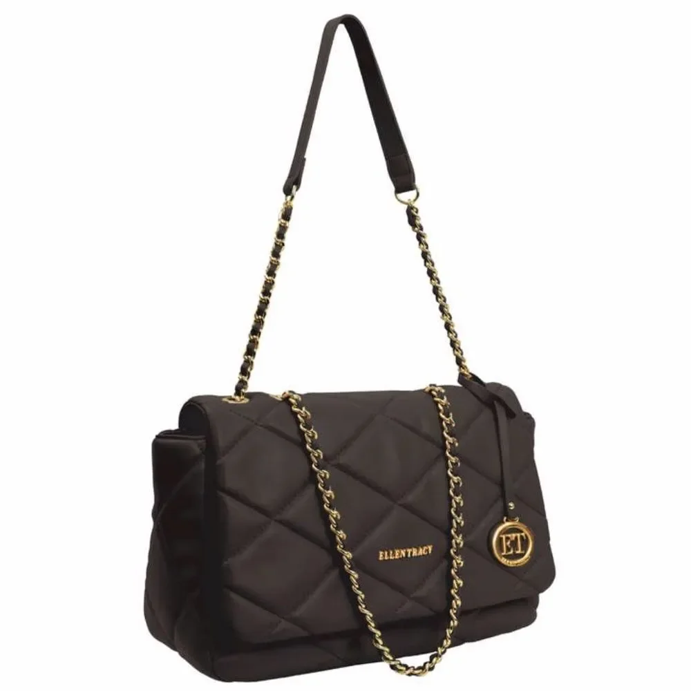 NEW Ellen Tracy Black Smooth Diamond Quilted Satchel Bag